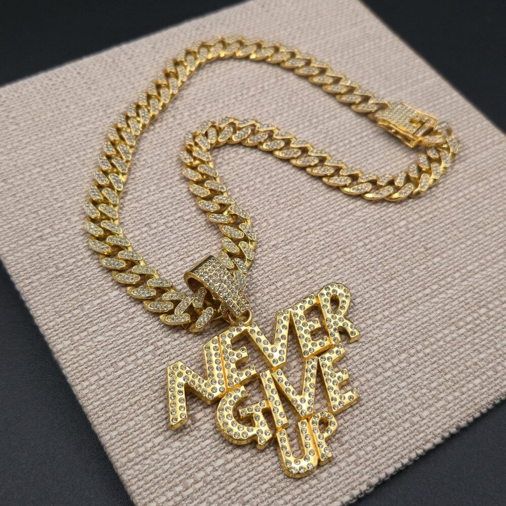 20 Inch Gold Plated Never Give Up Pendant Bling Necklace B983 - Picture 3 of 10